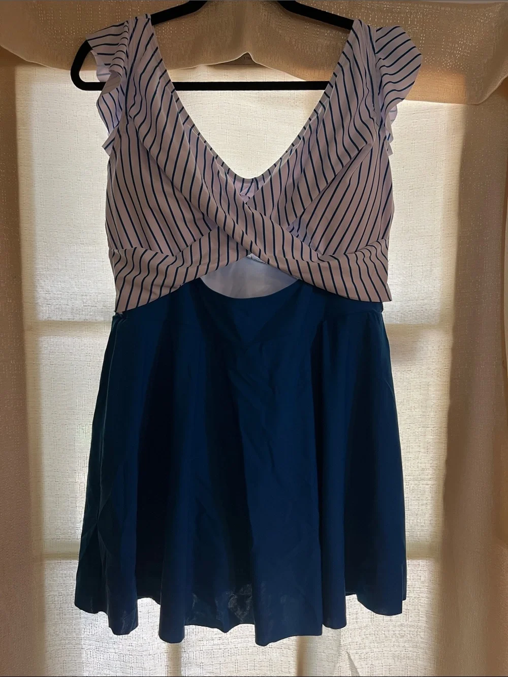 Striped White & Navy Blue One-Piece Swim Dress